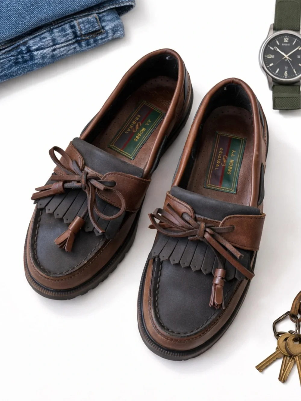 J J Hobbs Mens Leather Kiltie Tassel Loafers Brown Black Lug Sole Size 7 in EUC